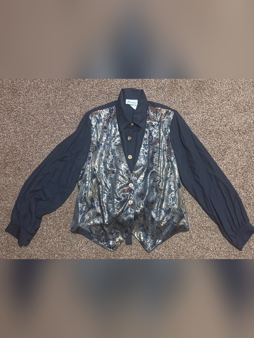 Vintage 1980's Retro Style Black Dress Shirt with Metallic Gold Paisley Vest
